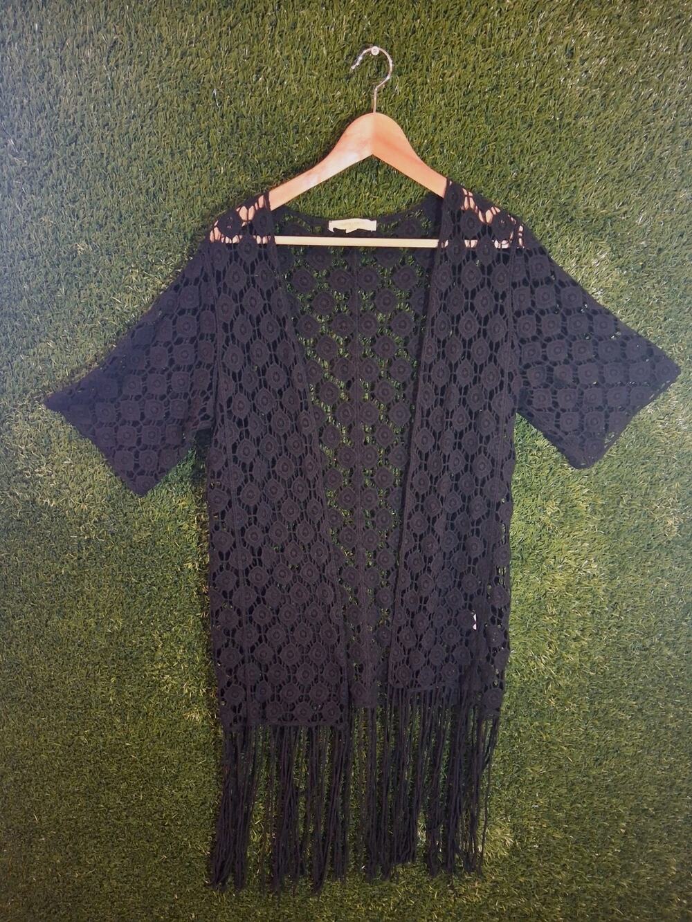 Rebellion Again Black Crochet Kimono Cardigan XS Fringe Boho Festival Cover Up